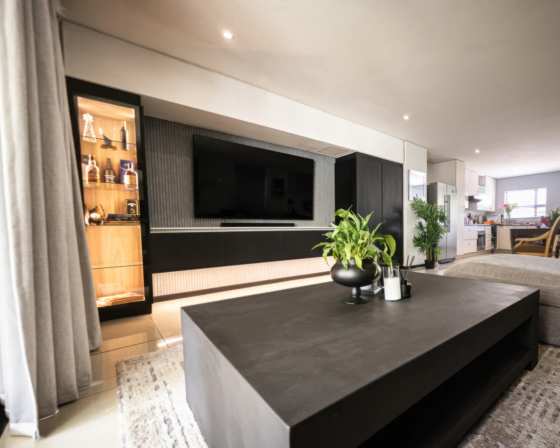Living room with the finished TV wall unit